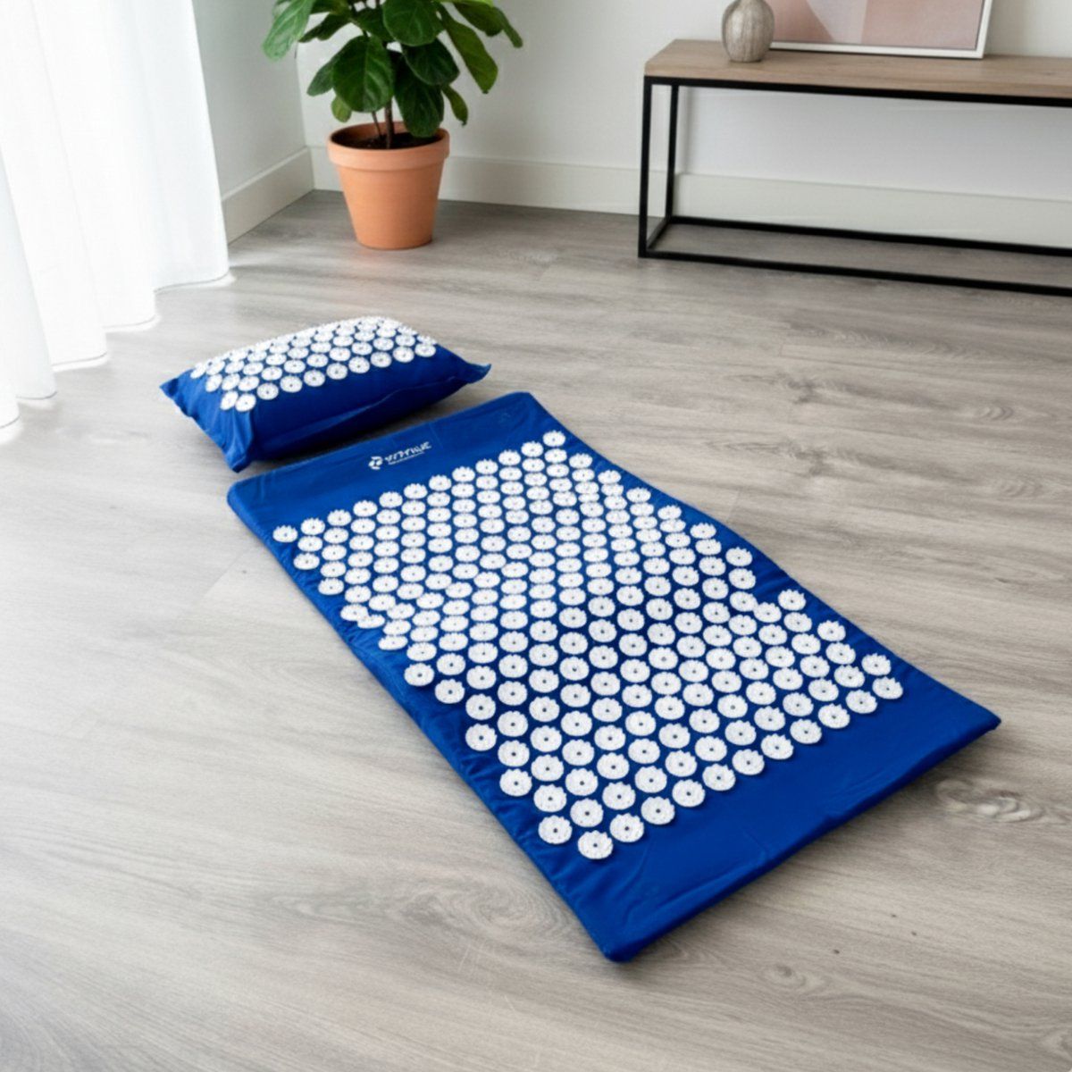 Set di digitopressione blu su pavimento in legno. Tappetino e cuscino con punte bianche. Ambiente luminoso. Pianta sullo sfondo.