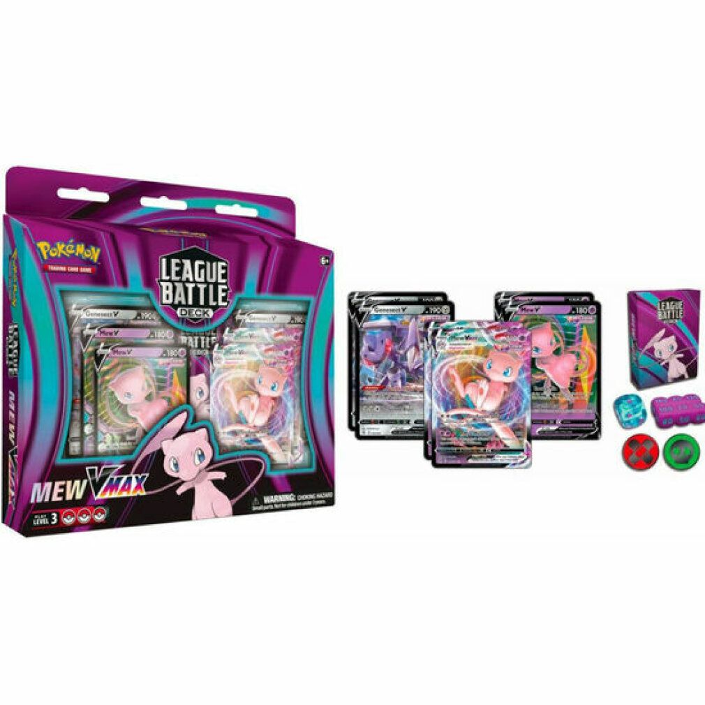 Set di carte con carte, dadi e contatori. Confezione con motivo Mew VMax. Carte con illustrazioni Pokémon.