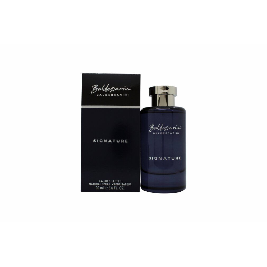 Flacone di profumo e scatola. Scritta: Baldessarini Signature. Flacone blu, tappo argento.