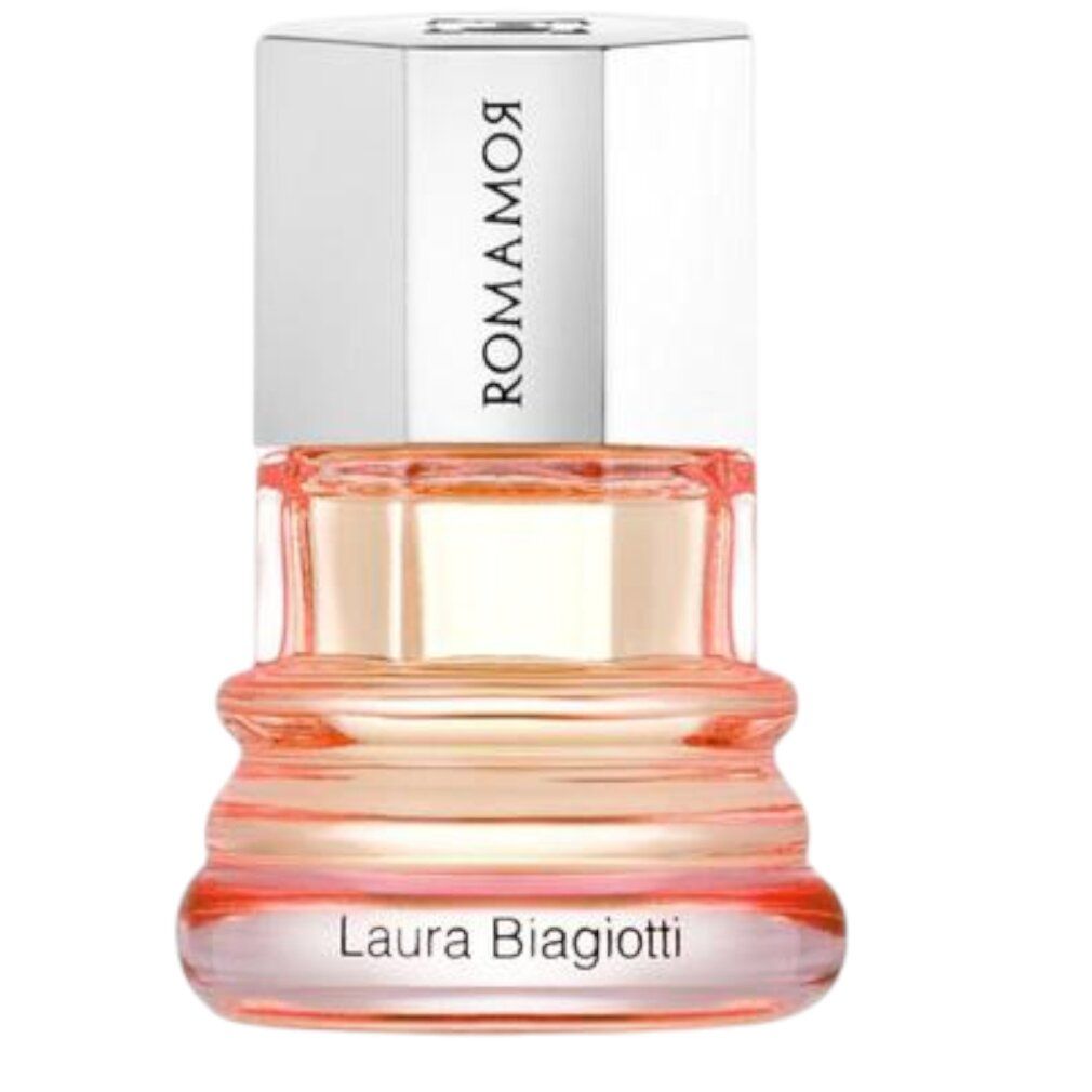 Flacone di profumo con tappo argentato. Scritta ROMAMOR. Liquido rosa nel flacone.