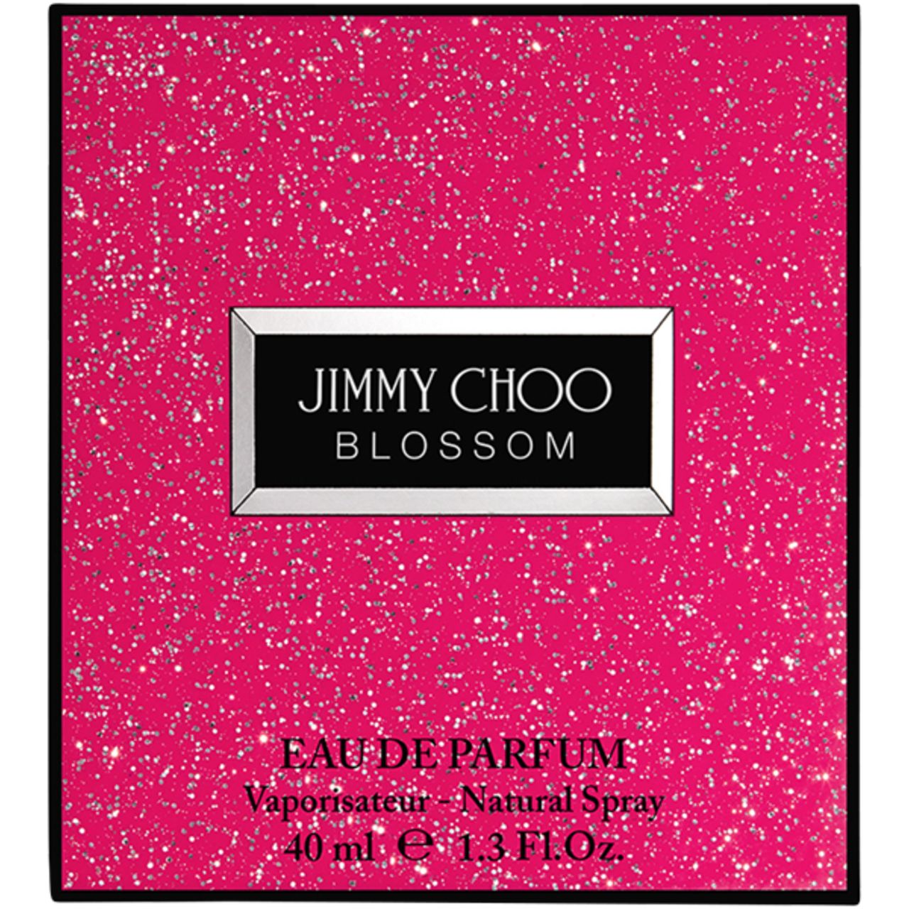 Confezione rosa di Jimmy Choo Blossom e.d.p. Spray. Logo in rettangolo bianco. Testo sotto.