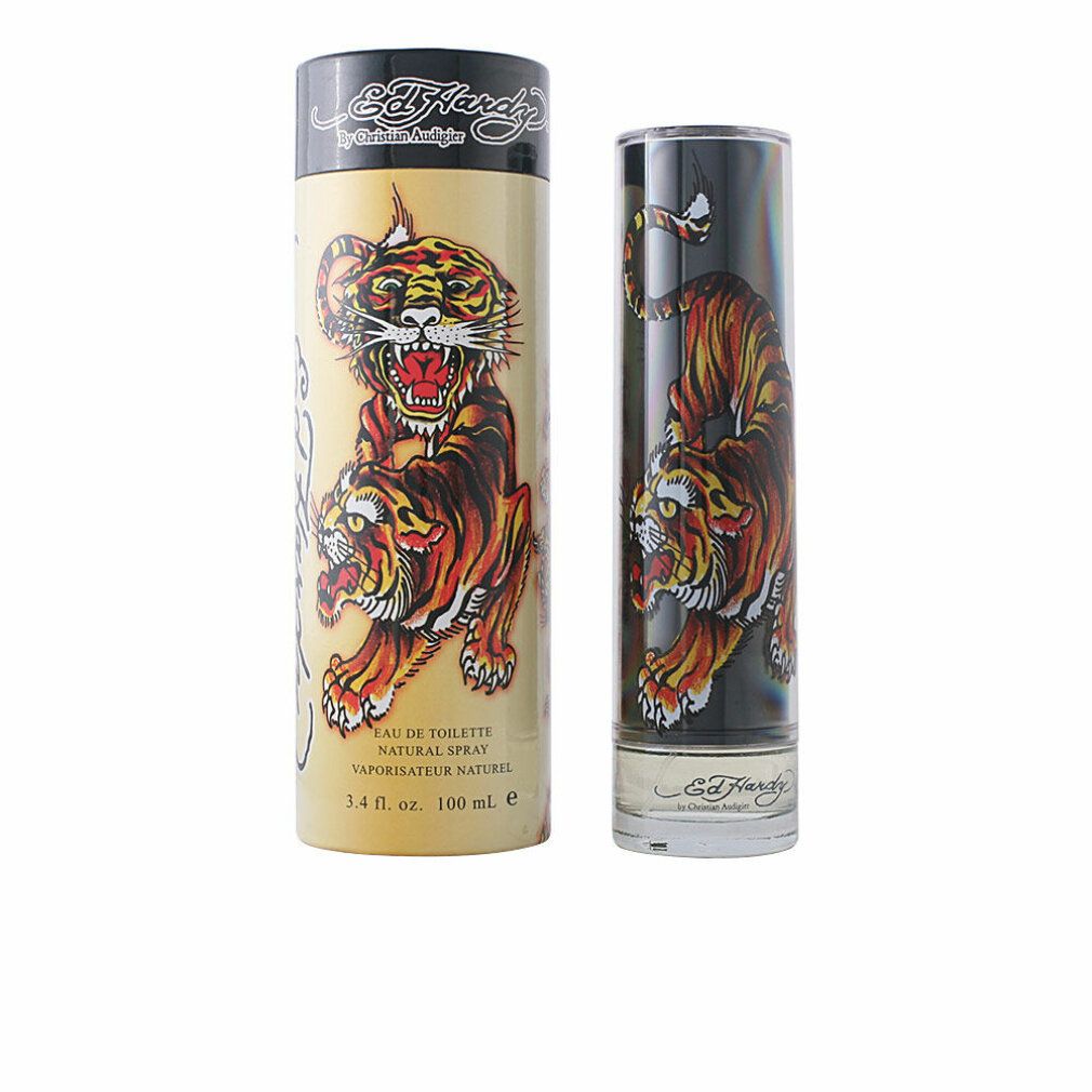 Spray Eau de Toilette e confezione. Confezione cilindrica con design a tigre. Flacone con design a tigre. Marchio Ed Hardy.