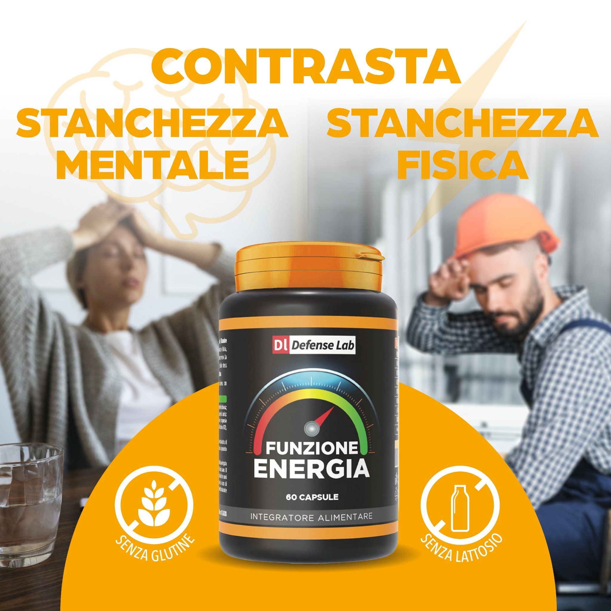 Flacone marrone "Defense Lab Funzione Energia" accanto a persone. Scritto: "60 Capsule". Testo: "Senza Glutine, Senza Lattosio".