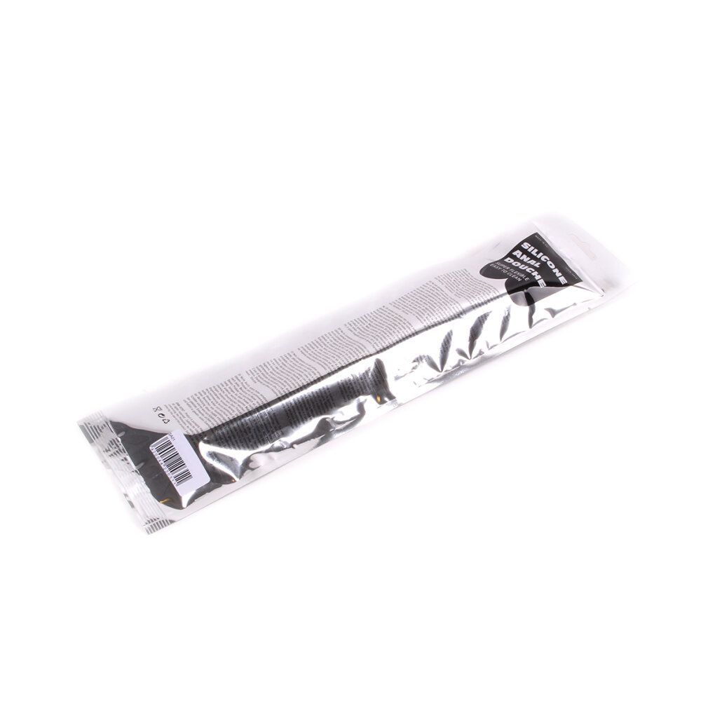 Doccia anale in silicone nero confezionata. Prodotto in confezione trasparente. Testo e codice a barre sulla confezione.