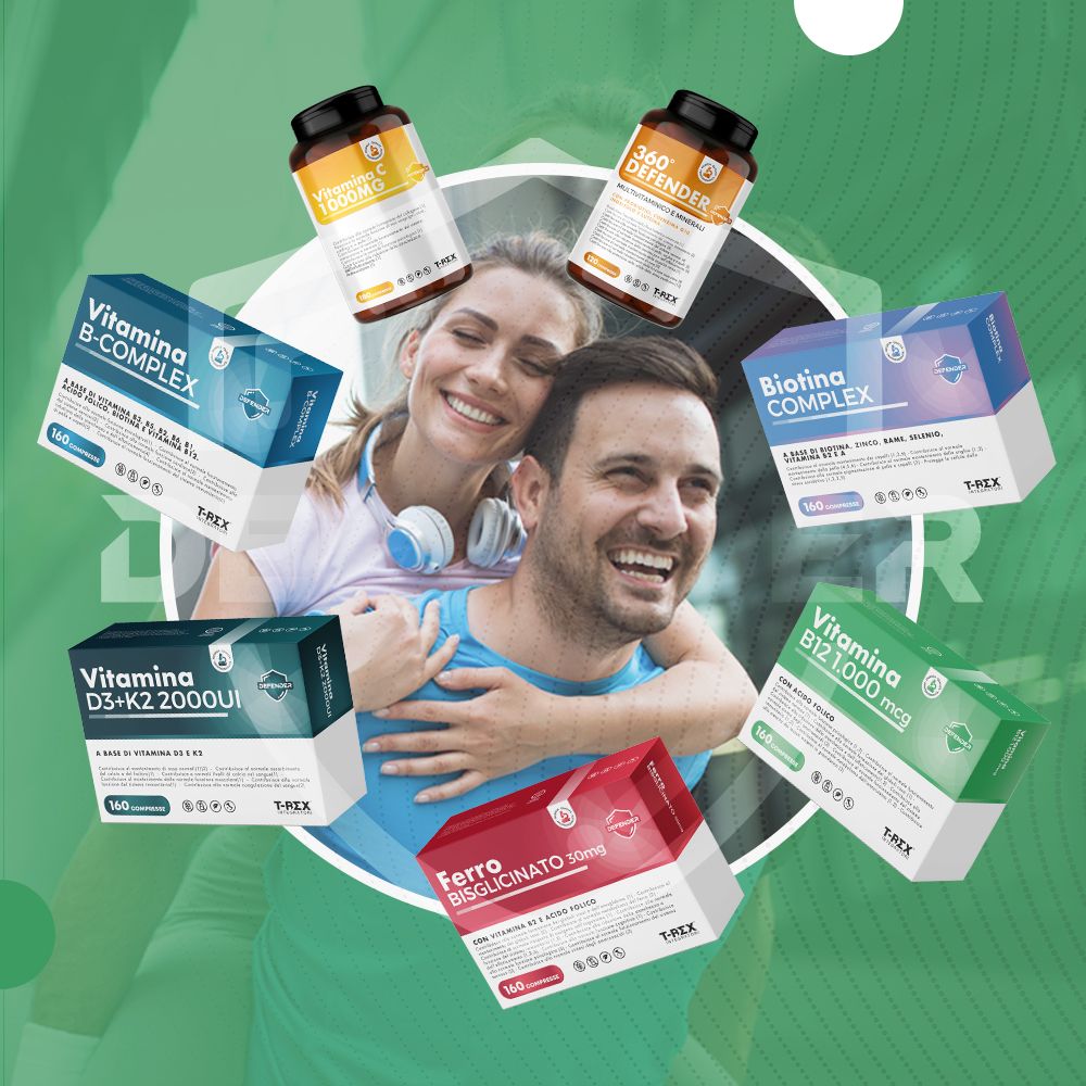 Vari prodotti, tra cui la vitamina B12, circondati da persone sorridenti. Diversi imballaggi.