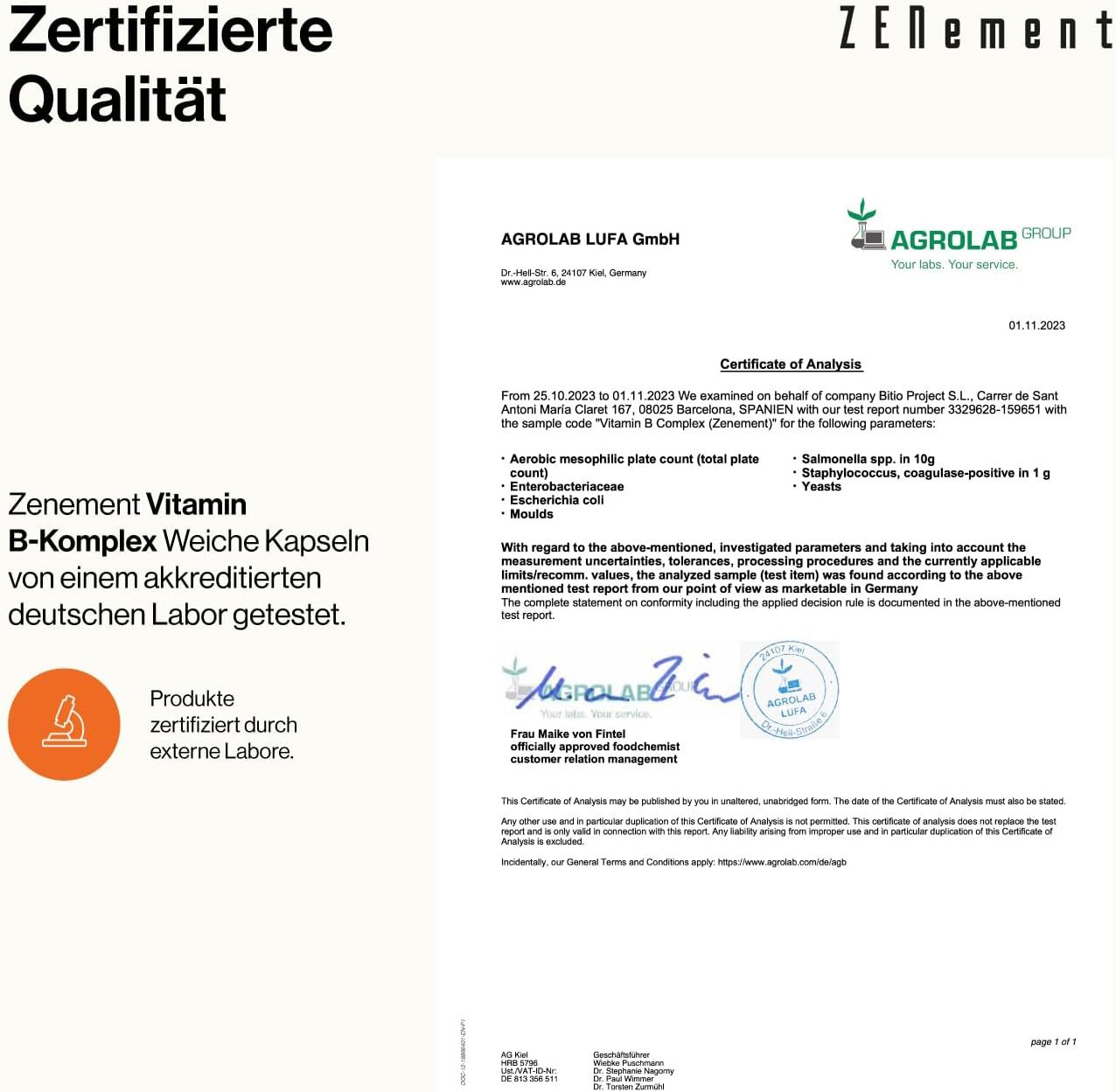 Certificato di Agrolab LUFA GmbH. Testo: Zenement Vitamina B-Komplex Capsule molli testate da un laboratorio tedesco accreditato.