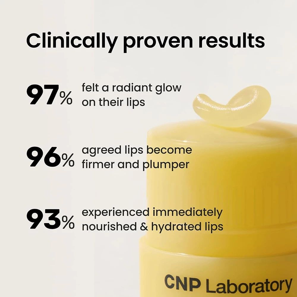 Balsamo labbra giallo. Testo: Clinically proven results, 97% radiant glow, 96% firmer lips, 93% nourished lips. CNP Laboratory.