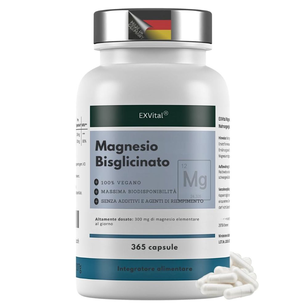 Flacone bianco con coperchio argentato. Scritta: Magnesio Bisglicinato, 365 capsule, vegano, senza additivi. Integratore alimentare.