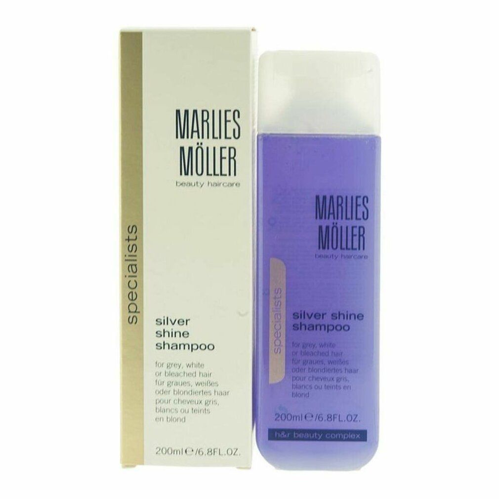 Marlies Möller Silver Shine Shampoo. Flacone e confezione. Testo: Silver Shine Shampoo, per capelli grigi, bianchi o decolorati.