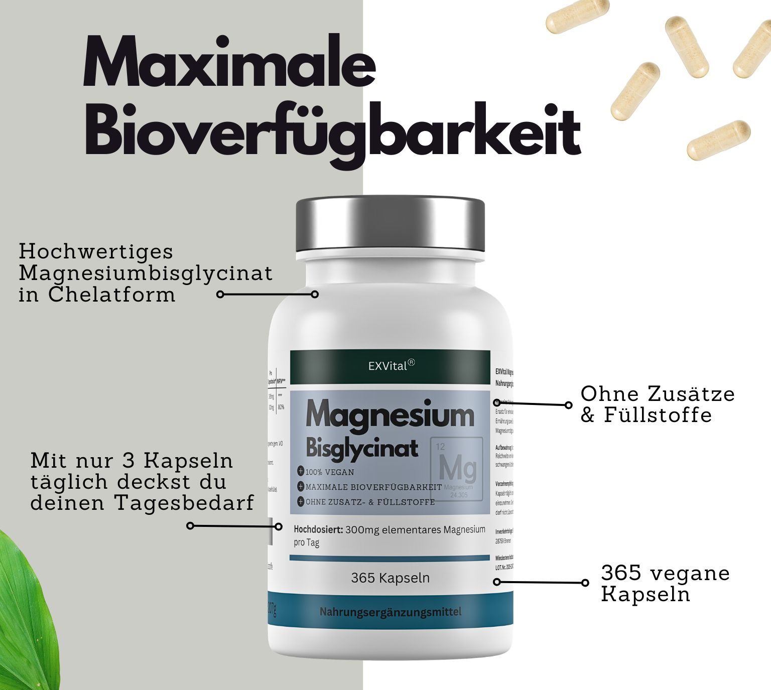 Flacone bianco con coperchio argentato. Scritta: Magnesio Bisglicinato, 365 capsule, vegano, senza additivi. Testo: Massima biodisponibilità.