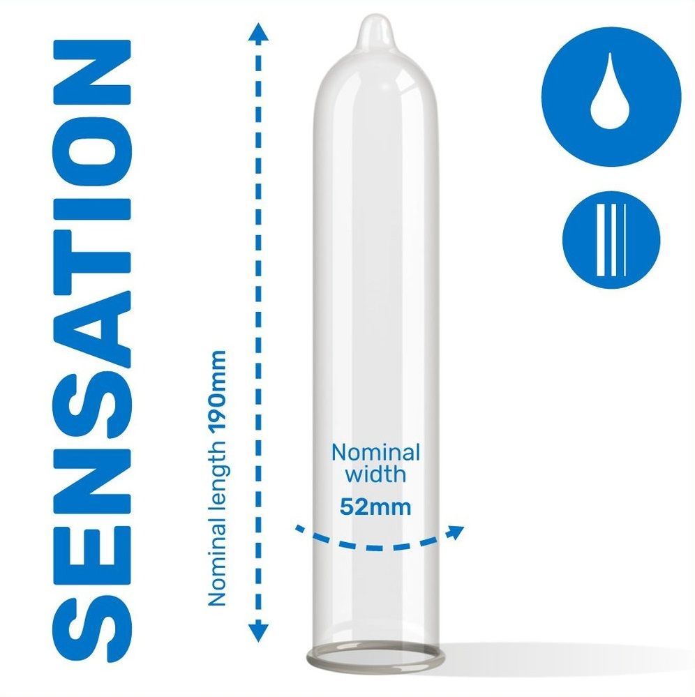 Preservativo trasparente, lunghezza 190mm, larghezza 52mm. Illustrazioni.