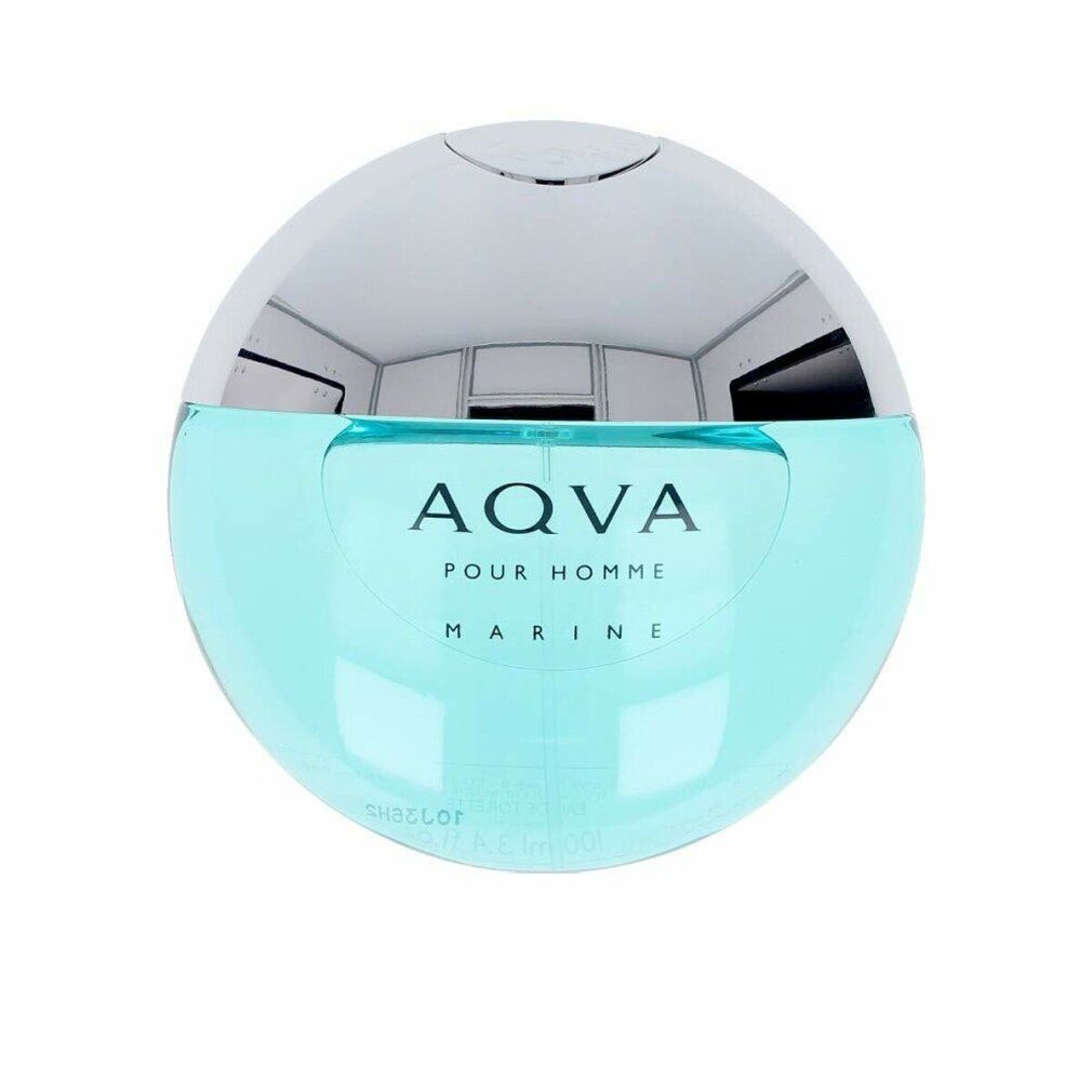 Flacone rotondo con tappo argentato. Scritta: AQVA POUR HOMME MARINE. Liquido azzurro.