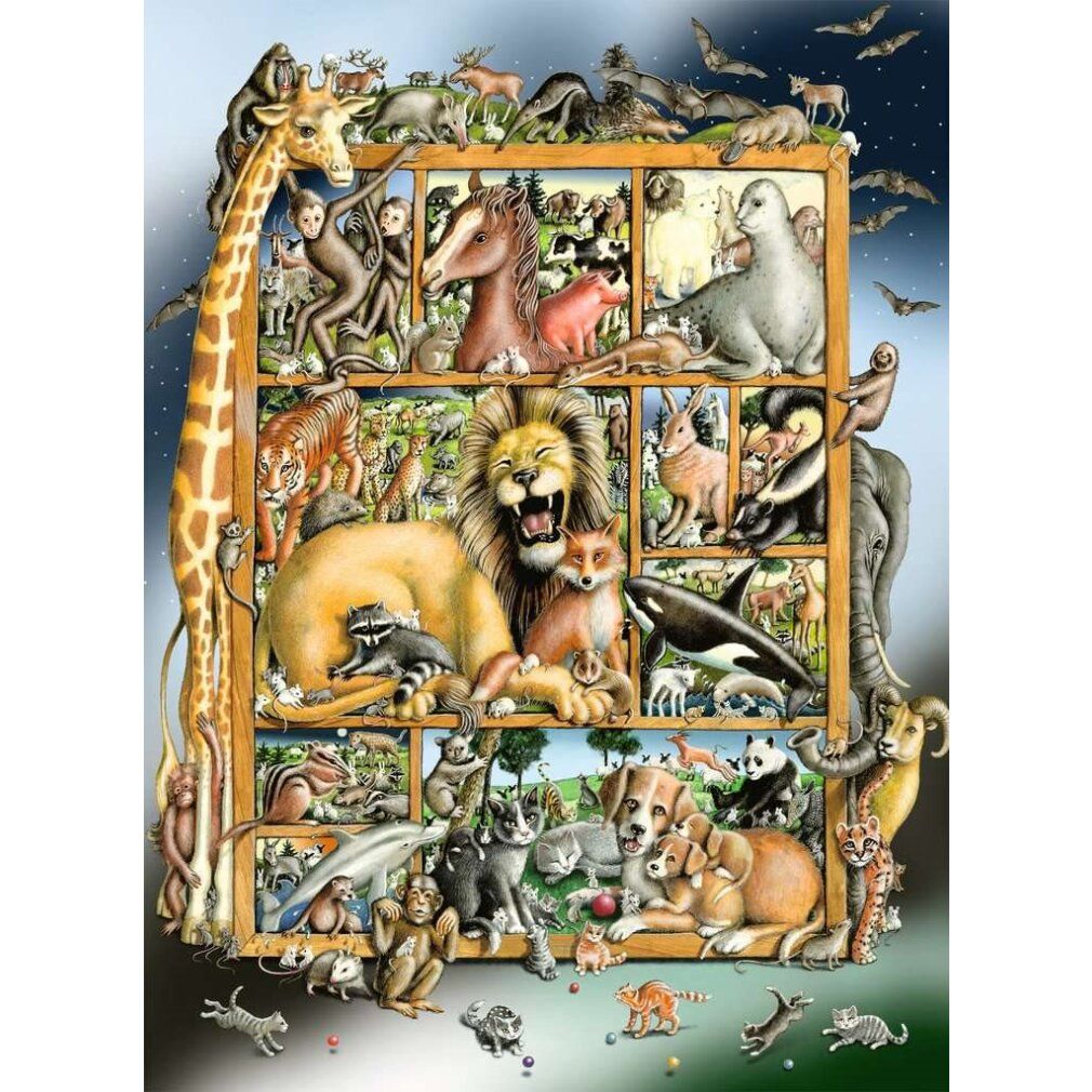 Puzzle con immagini di animali, disposto in una cornice. Vari animali, tra cui giraffe, leoni, scimmie e cani.