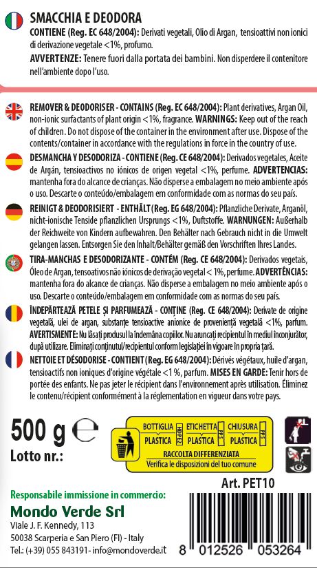 Mondo Verde - Smacchia & Deodora Igienizzante per superfici, accessori e tessuti (PET10)