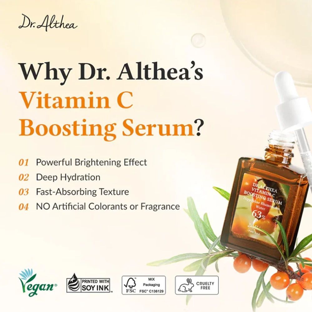 Flacone del prodotto con testo: Vitamin C Boosting Serum. Logo vegano, certificazione FSC, logo Cruelty Free. Testo: Perché il siero Vitamin C di Dr. Althea?