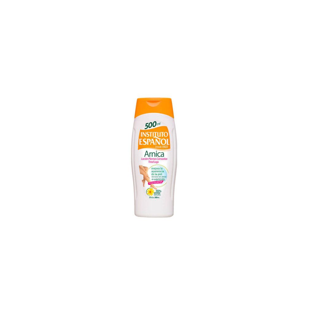 Flacone con tappo giallo. Scritta: Instituto Español Arnica, lozione per gambe stanche. Contiene 100% arnica naturale.