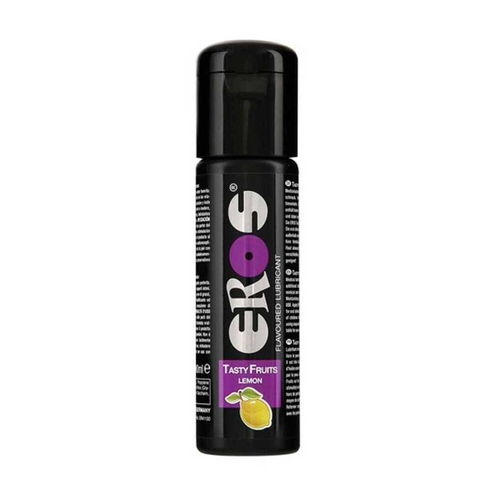 Flacone nero con logo "eros" e scritta "Tasty Fruits Lemon". Con tappo dosatore. Testo multilingue.