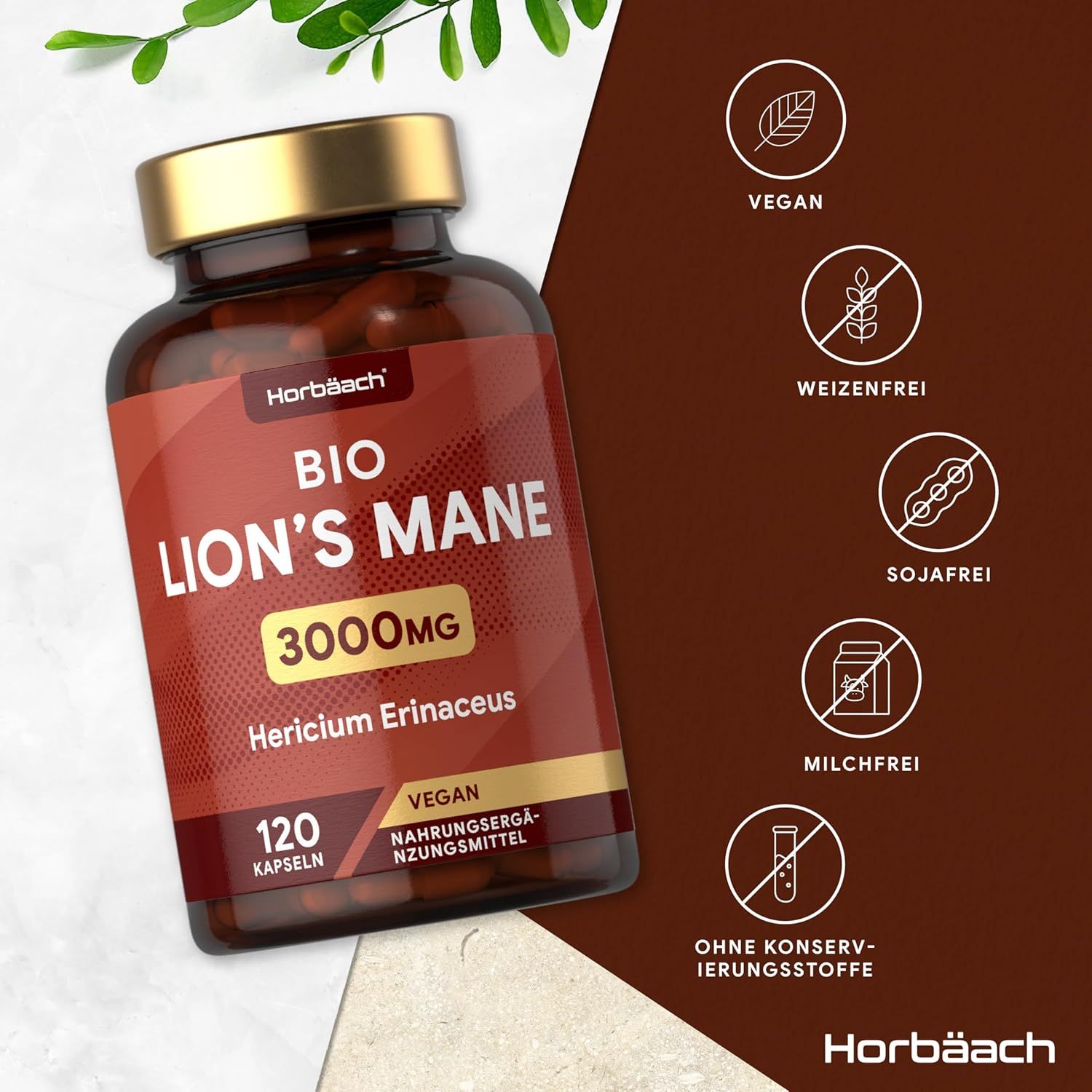 Flacone marrone con tappo dorato. Scritta: Bio Lion's Mane 3000mg, 120 capsule. Vegano. Senza: glutine, soia, latte, conservanti.