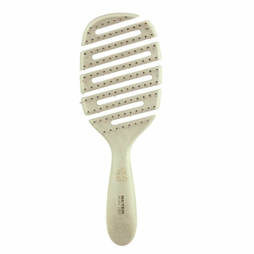 Spazzola per capelli beige con manico e setole flessibili. Il cuscinetto ha fessure e fori. Il manico riporta il marchio.