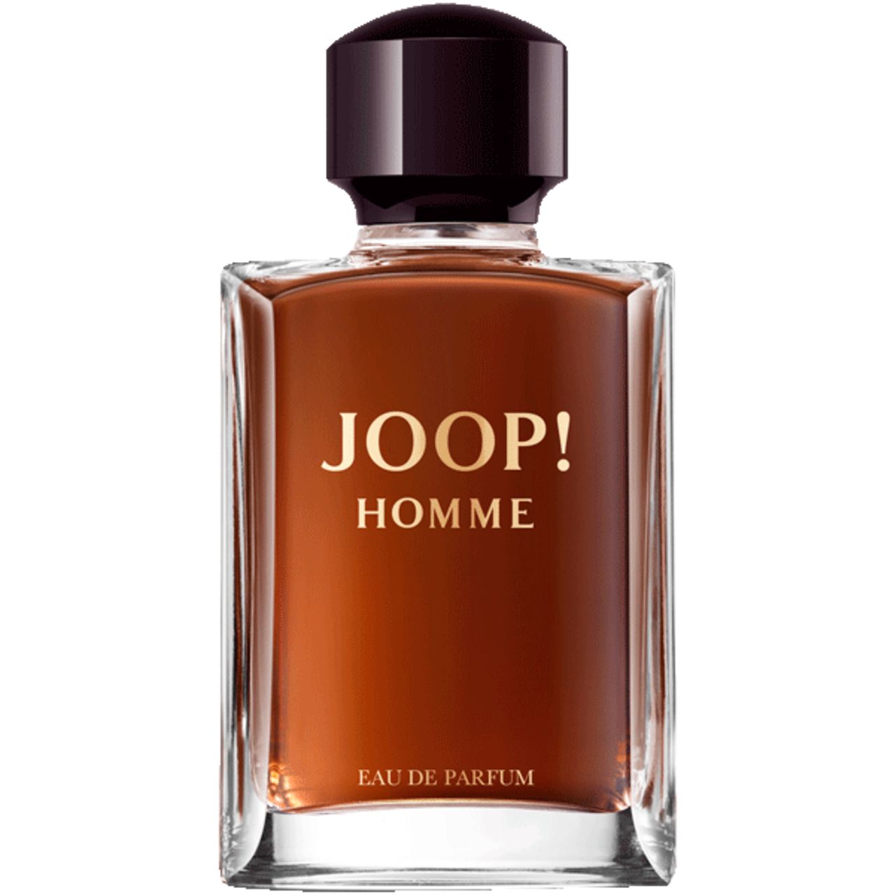 Flacone Joop! Homme Eau de Parfum. Forma rettangolare, liquido marrone, tappo nero. Scritta "JOOP! HOMME".
