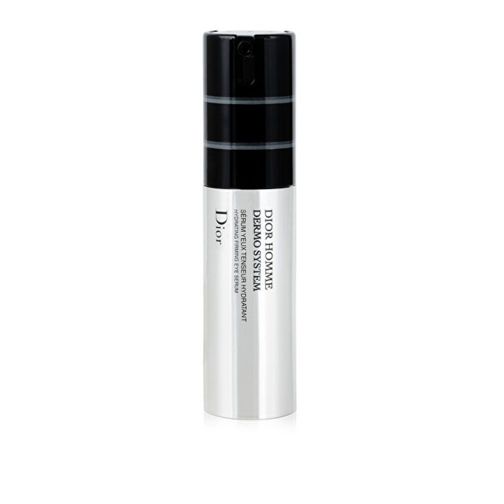 Siero occhi Dior Homme Dermo System. Flacone cilindrico, tappo nero. Scritte del prodotto.
