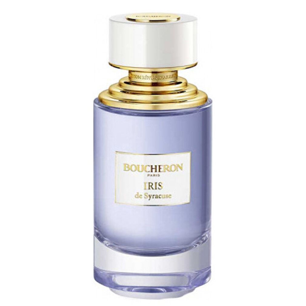 Flacone di profumo con tappo dorato e liquido azzurro. Scritta: BOUCHERON PARIS, Iris de Syracuse.