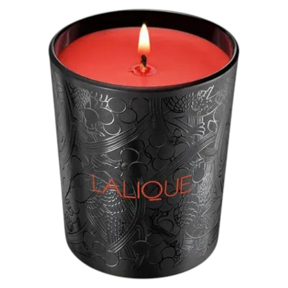 Confezione nera con cornice rossa e testo. Il testo include LALIQUE e LES VENDANGES SAINT-EMILION.