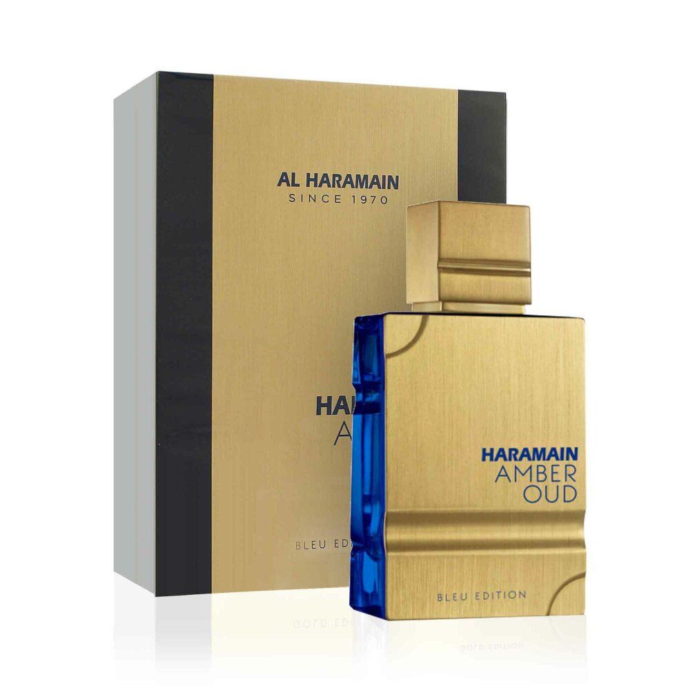 Flacone di profumo dorato con tappo dorato e base blu. Confezione rettangolare con logo del marchio e nome del prodotto.