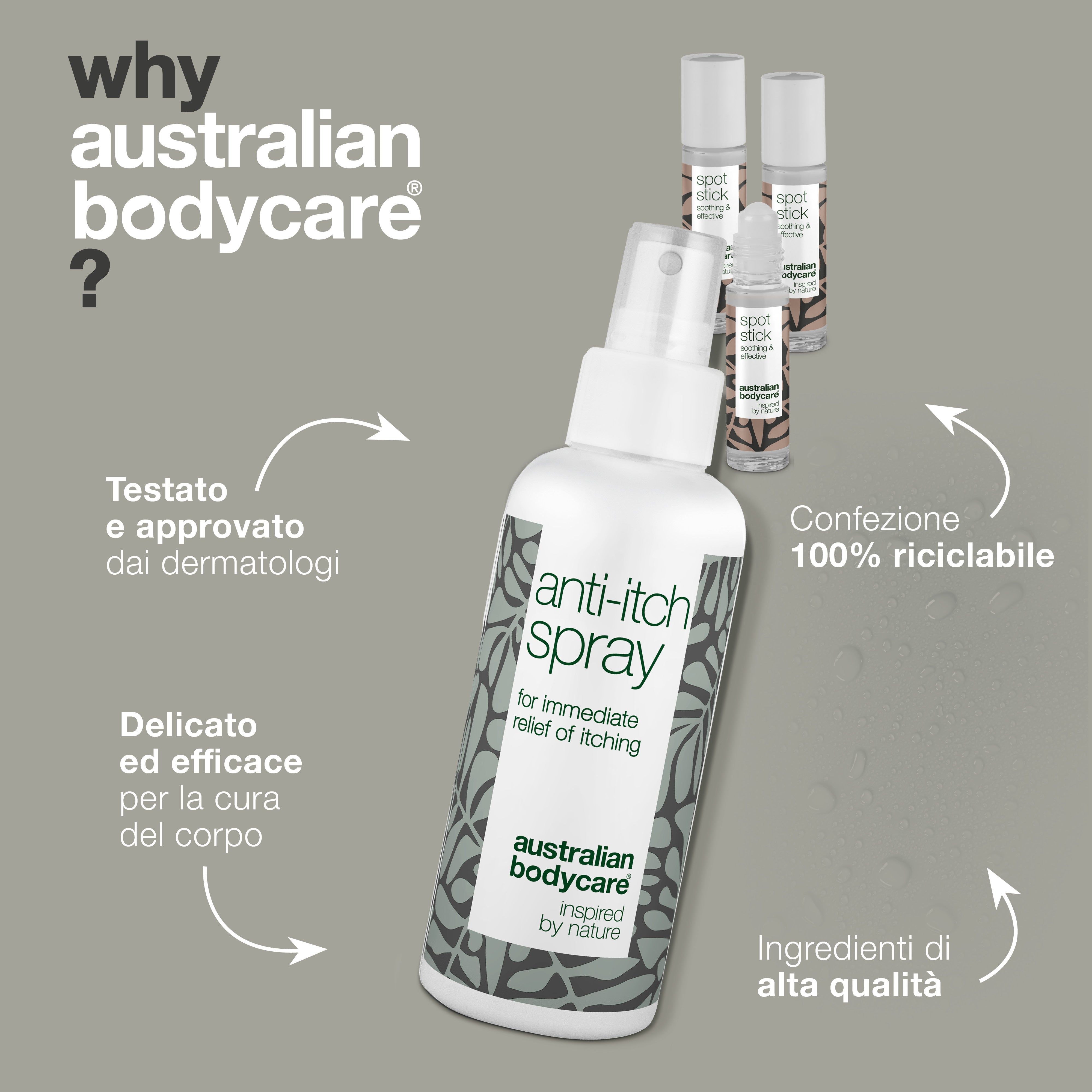 Grafica con testo: Australian Bodycare, problema risolto. Prodotti: spray anti-prurito e roll-on Spot Stick.