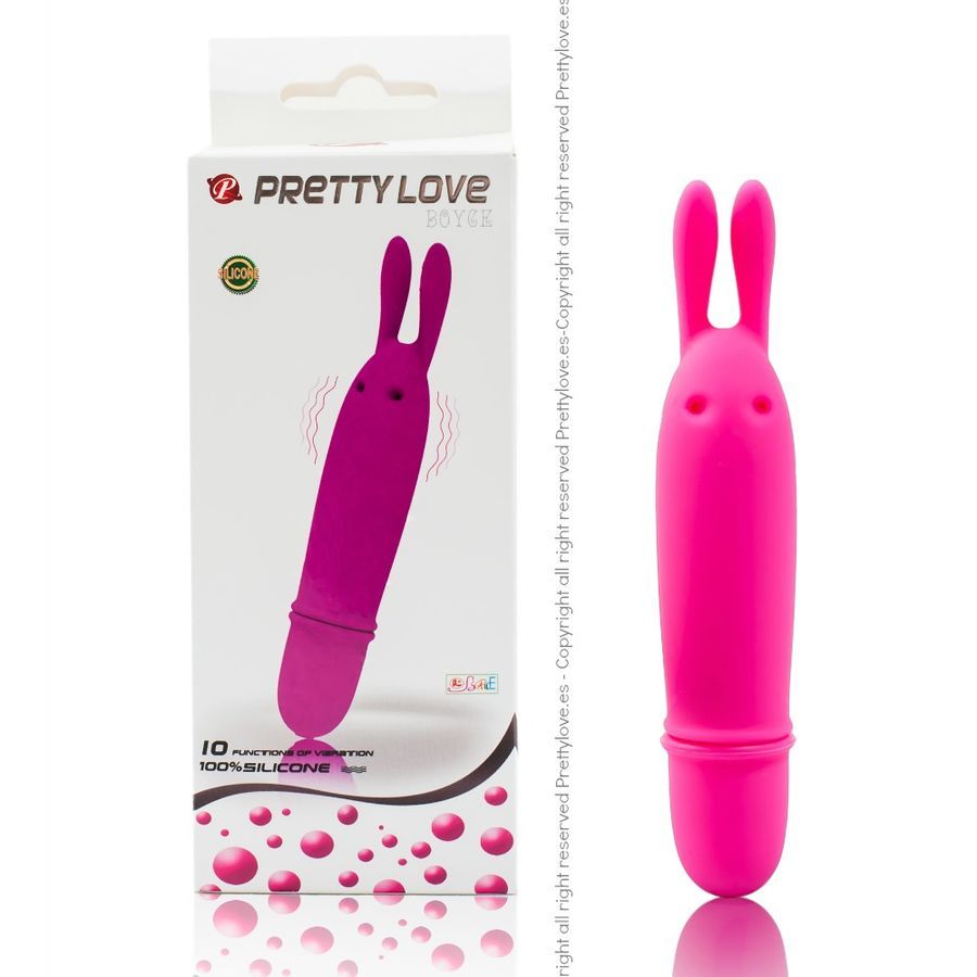 Confezione e vibratore coniglio rosa in silicone. La confezione mostra 10 funzioni e 100% silicone.