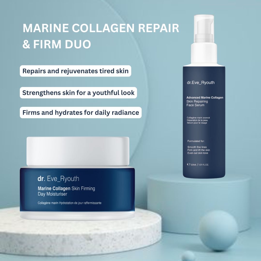 Due prodotti cosmetici: barattolo di crema e flacone di siero, entrambi con logo "dr. Eve_Ryouth". Posizionati su piedistallo, con testo su Marine Collagen Repair & Firm Duo.