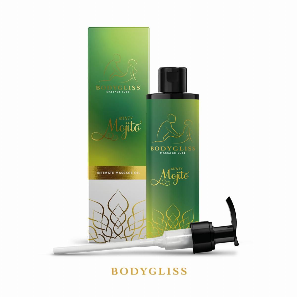 Flacone e confezione di olio da massaggio intimo BodyGliss Minty Mojito con erogatore.