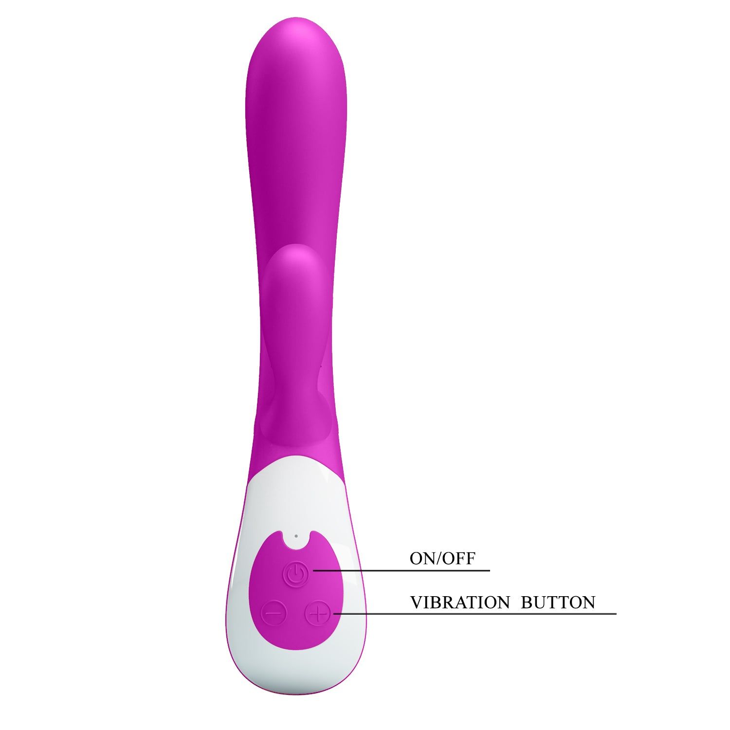 Vibratore viola con impugnatura bianca. Pulsanti sull'impugnatura. Etichette: ON/OFF, Vibration Button.
