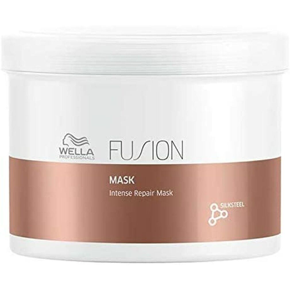 Vaso bianco con fascia color rame. Scritta: FUSION Mask, Intense Repair Mask. Logo: Wella Professionals.
