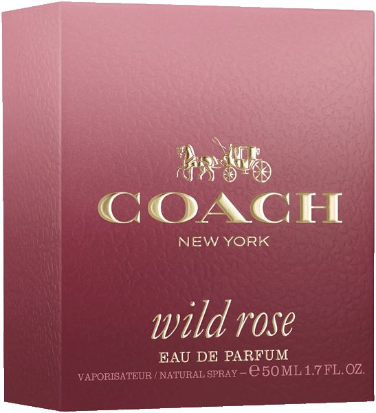 Confezione con logo e scritta "Coach New York". Sotto, "wild rose" e "EAU DE PARFUM".