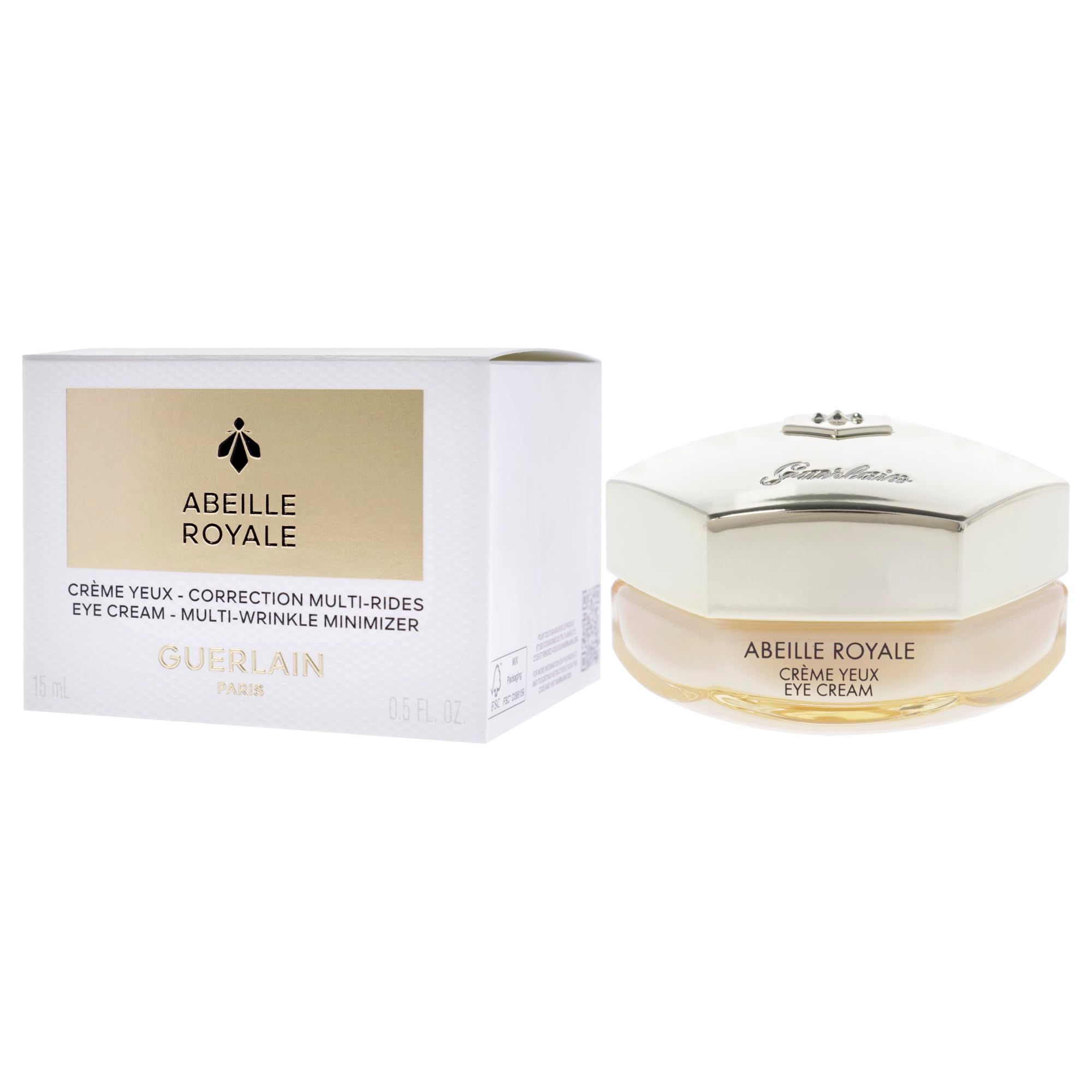 Crema occhi e confezione. Scritta: ABEILLE ROYALE, CRÈME YEUX, GUERLAIN PARIS. 15 ml, 0.5 fl. oz.