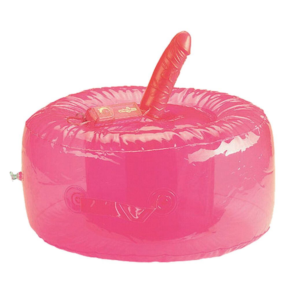 Poltrona gonfiabile rosa con dildo rosso integrato. Maniglie laterali e piccolo elemento rettangolare.