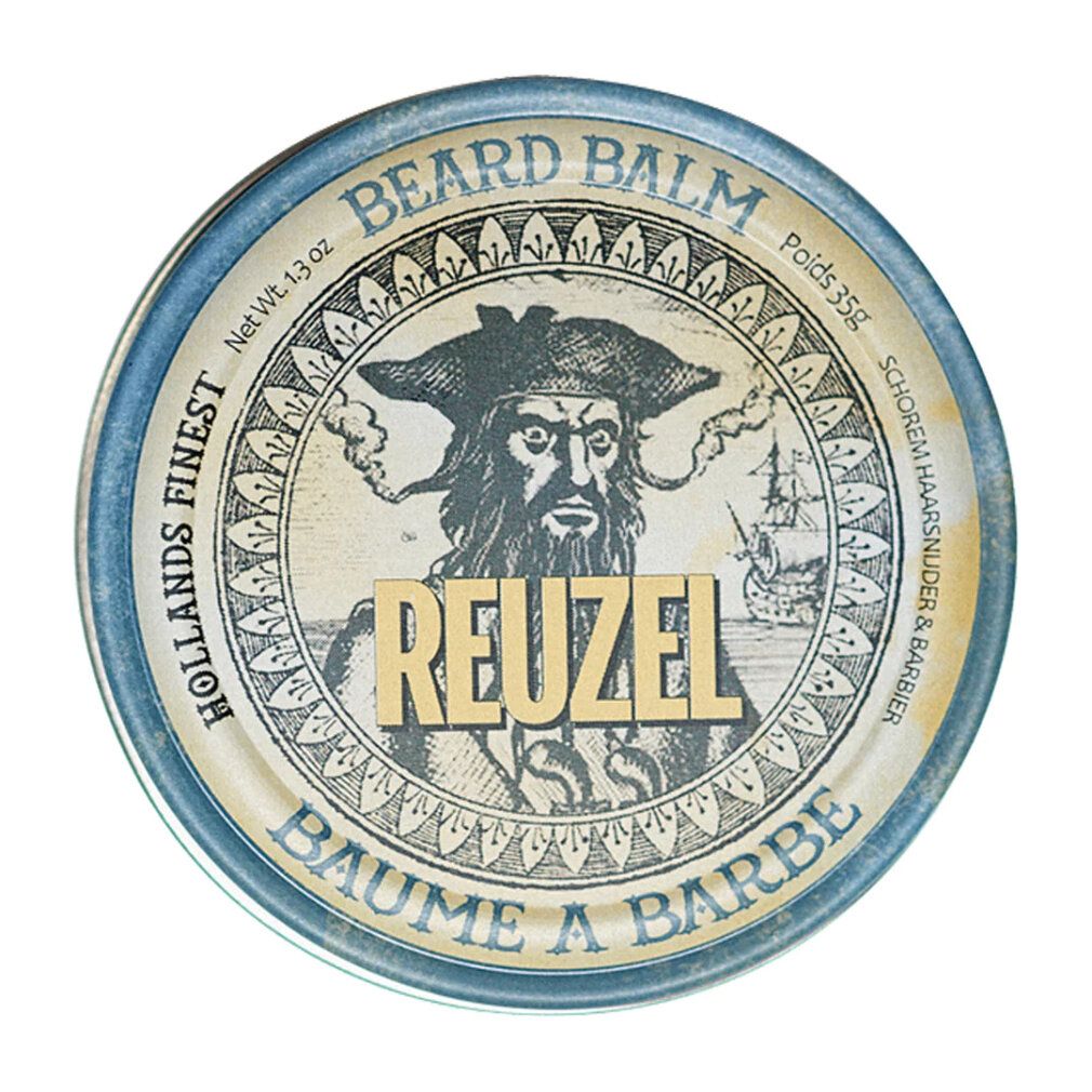 Barattolo rotondo con coperchio. Scritta: Beard Balm, Reuzel, Baume a Barbe. Immagine di un marinaio.