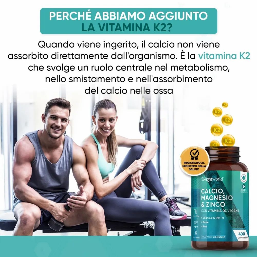 Coppia seduta, bottiglia WeightWorld Calcio Magnesio Zinco. Testo: Perché abbiamo aggiunto la vitamina K2? 400 compresse.