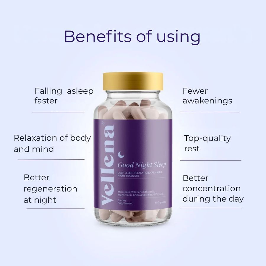 Flacone in vetro con capsule. Etichetta viola con testo: Vellena, Good Night Sleep. Benefici: addormentamento rapido, meno risvegli, riposo migliore.