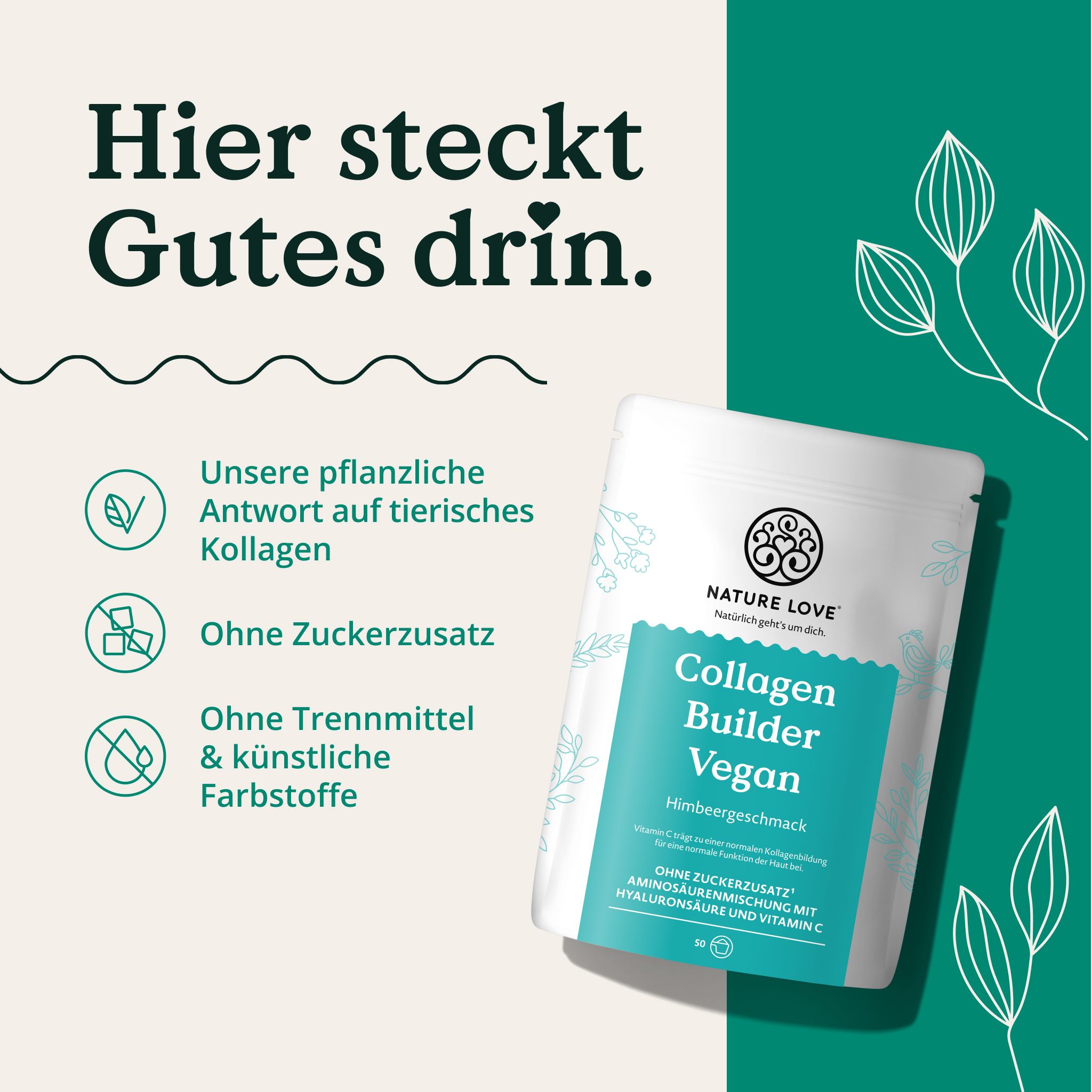 Confezione NATURE LOVE Collagen Builder Vegan gusto lampone. Testo: Qui c'è del buono.
