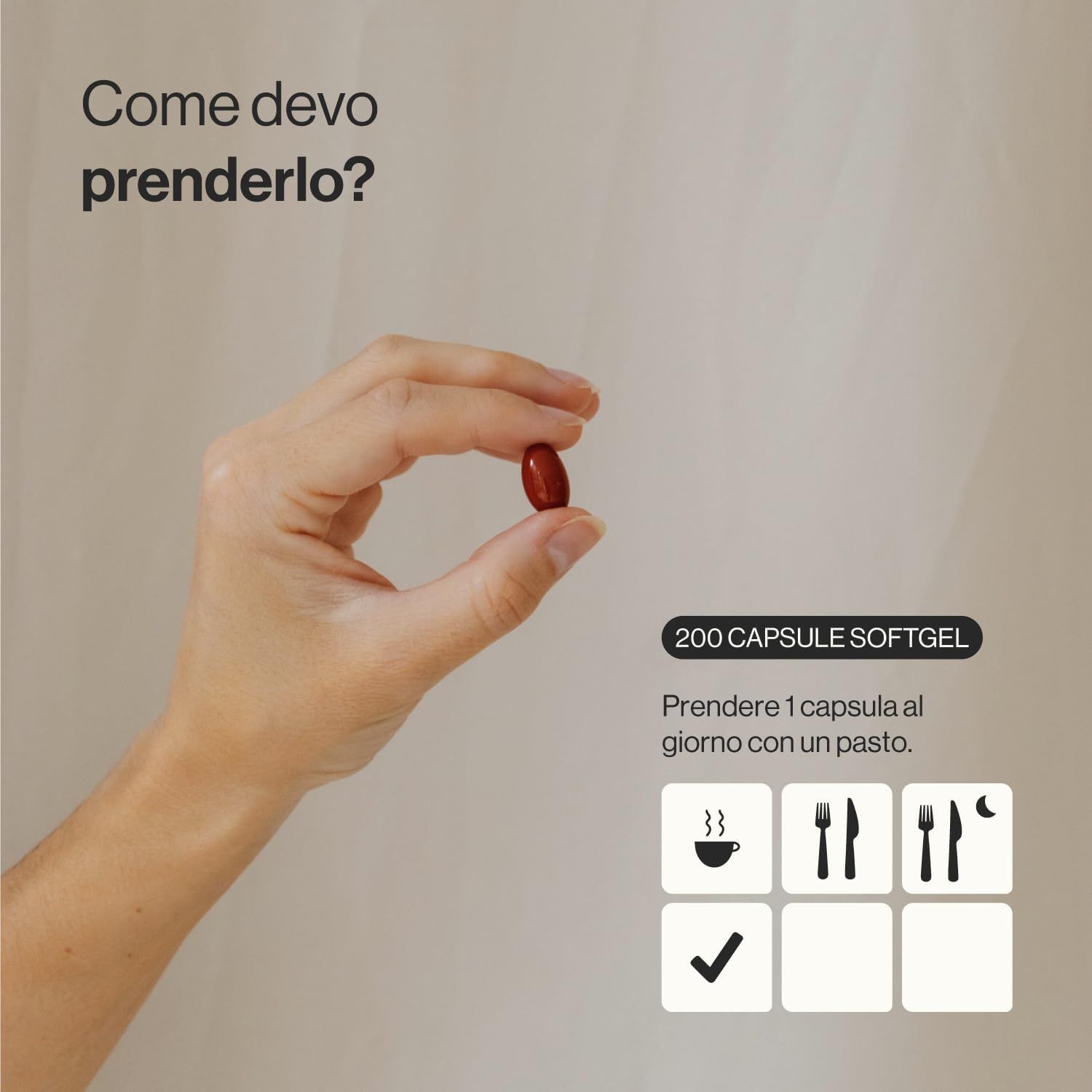 Mano che tiene una capsula rossa. Testo: 200 capsule. Simboli per l'assunzione: pasto, colazione, cena. Simbolo di spunta.