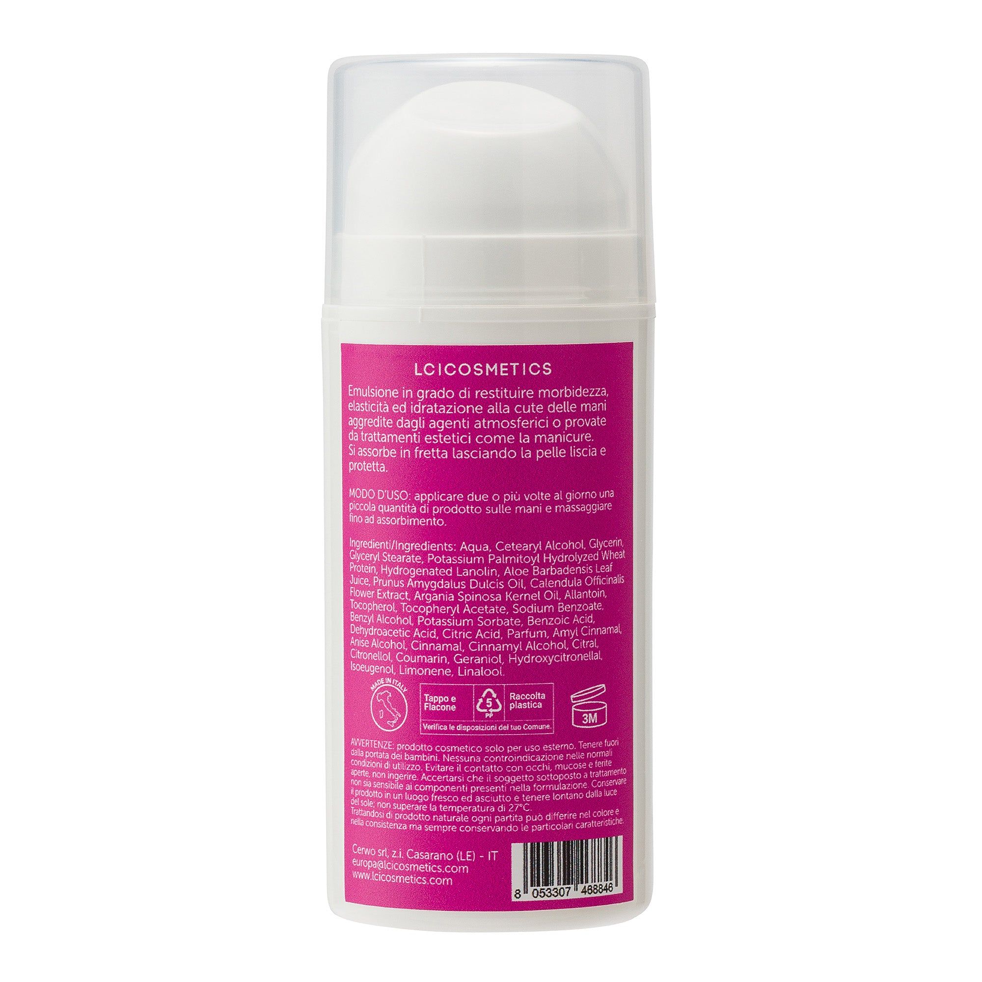 Retro del dispenser bianco con etichetta rosa. Testo e loghi. Scritta: LCI Cosmetics.