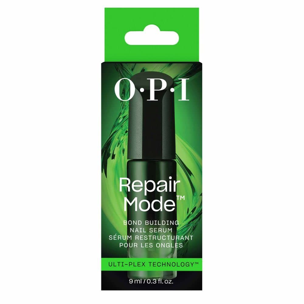 Siero per unghie OPI Repair Mode in confezione. Flacone nero, scatola verde. Logo OPI. Testo: Repair Mode, 9 ml.