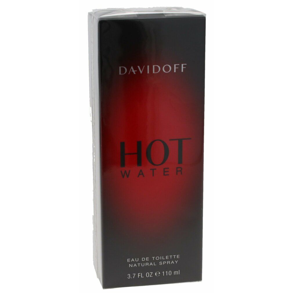 Davidoff Hot Water Eau de Toilette Spray nella confezione. Scritta nera su sfondo rosso. Prodotto confezionato in plastica.