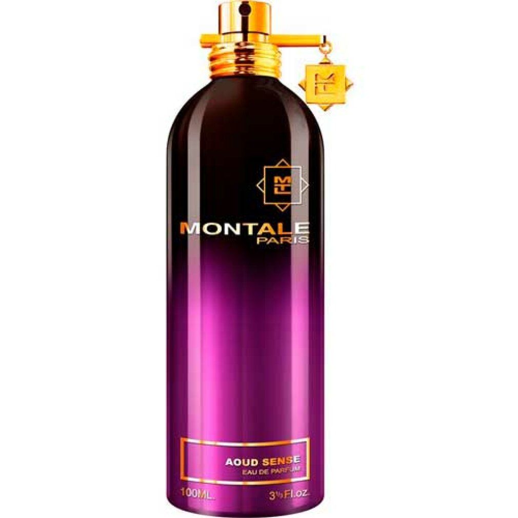 Flacone di profumo sfumato. Tappo e ciondolo dorati. Scritta: Montale Paris, Aoud Sense Eau de Parfum.