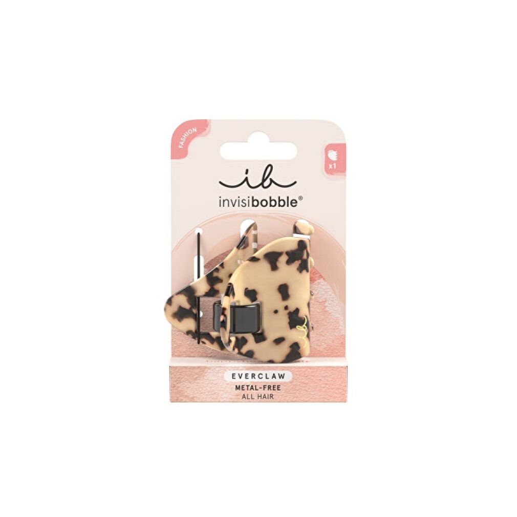 Confezione con due fermagli per capelli. Motivo leopardato. Marchio: invisibobble®. Testo: EVERCLAW, METAL-FREE, ALL HAIR.