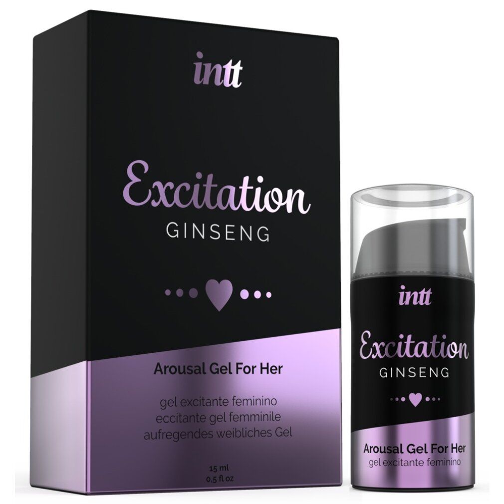 Confezione e flacone neri. Scritta: Excitation Ginseng. Testo: Arousal Gel For Her. 15 ml. Flacone con pompa.