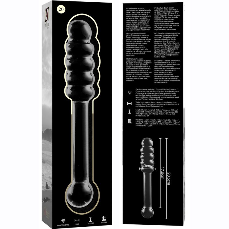 Dildo in vetro borosilicato, lungo 20,5 cm, con testa a coste e impugnatura sferica.