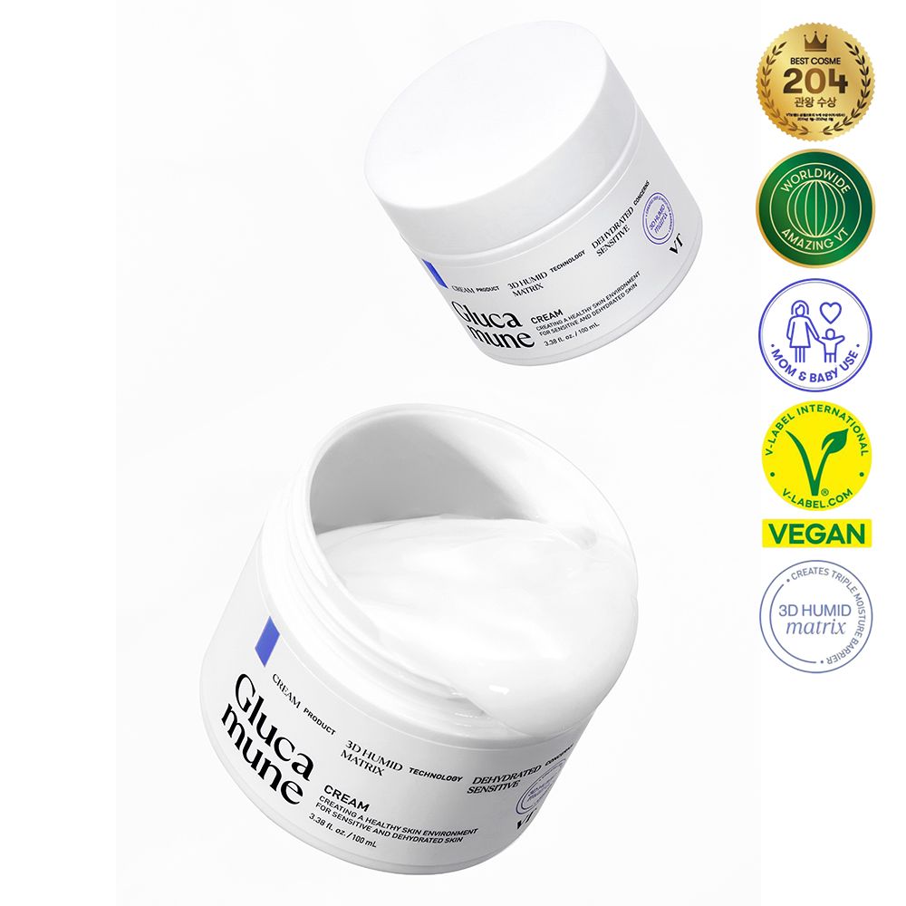 Due barattoli di crema bianchi con coperchi. Scritta Glucamune Cream. Sigillo vegano e altre certificazioni.